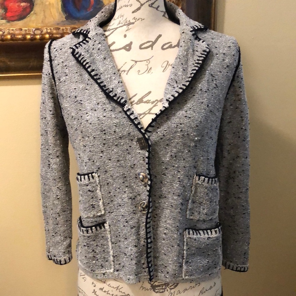 Barbara Katz Classic soft tweed quad pocket stitch trim boho button down sweater